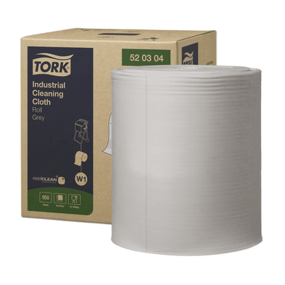 Pictured is a large roll of gray Tork 520304 industrial cleaning cloths in a box labeled "TORK - Essity Professional Hygiene Germany GmbH." It shows a hand pulling out a cloth, perfect for removing oil, grease, and dirt.