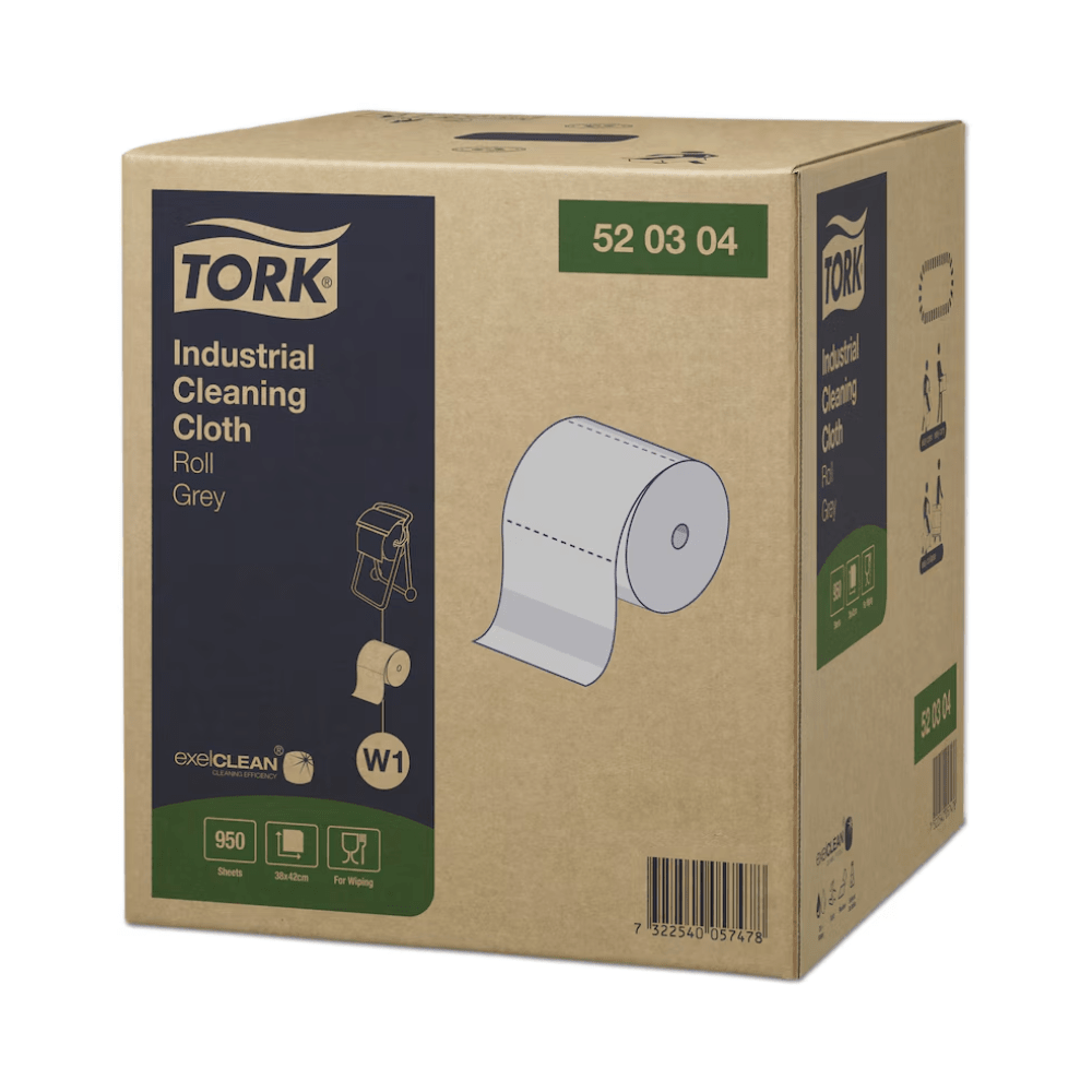 A cardboard box with Tork 520304 industrial cleaning cloths premium W1 single-ply, with a roll graphic. The box with the TORK brand from Essity Professional Hygiene Germany GmbH contains gray cleaning cloths that are perfect for wiping oil, grease, and dirt in industrial environments.