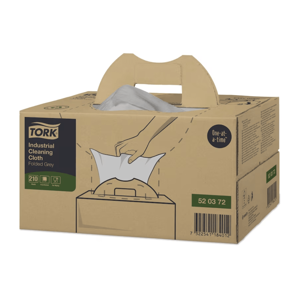 Pictured is a box with Tork 520372 industrial cleaning cloths Premium W7. It features exelCLEAN technology, a carrying handle, and a simple single dispenser function. The package contains 210 cloths from TORK – Essity Professional Hygiene Germany GmbH.