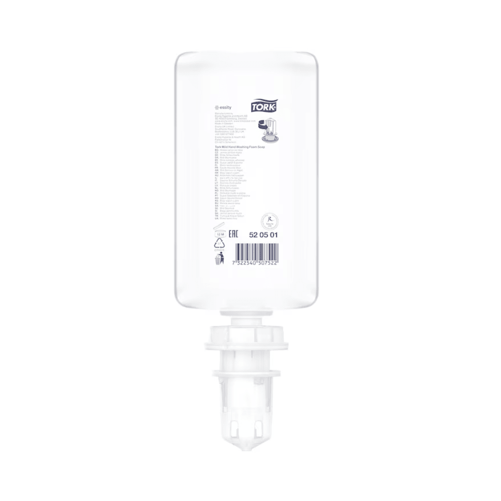 A clear, rectangular bottle of the mild scented foam soap Premium S4 (1000 ml) by TORK – Essity (520501) is shown upside down with a white cap, label, barcode, and product information. The pH-neutral foam soap is placed on a plain white background.