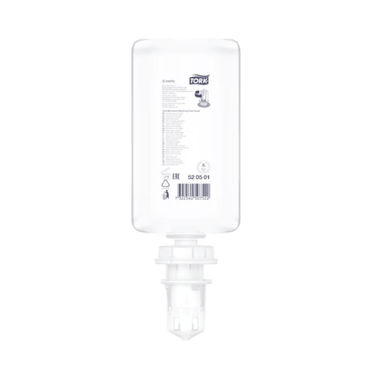 A clear, rectangular bottle of the mild scented foam soap Premium S4 (1000 ml) by TORK – Essity (520501) is shown upside down with a white cap, label, barcode, and product information. The pH-neutral foam soap is placed on a plain white background.