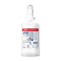 A 1000 ml Tork 520800 foam soap for hand decontamination Premium S4 bottle by TORK - Essity Professional Hygiene Germany GmbH, with a white dispenser head and a red label. EN 1499 certified, ideal for effective hand decontamination.