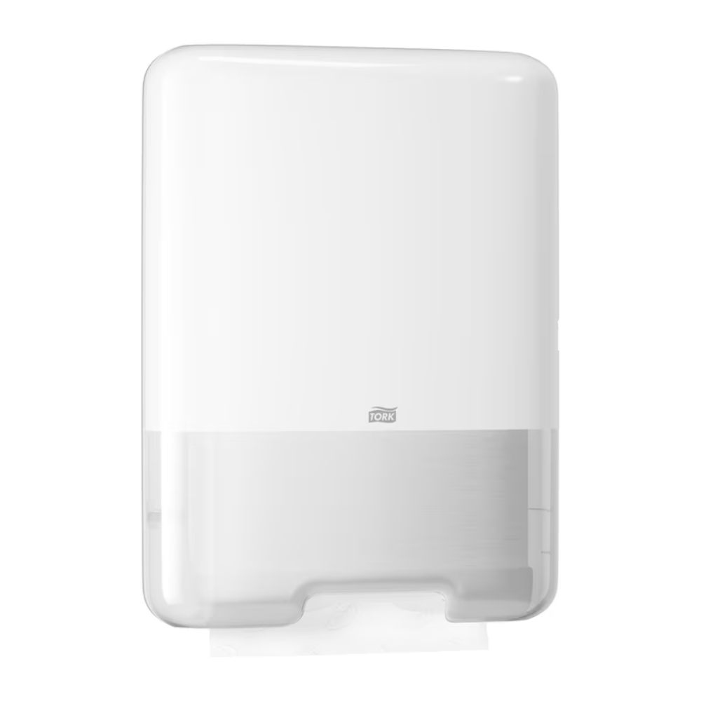 The Tork 553000 dispenser for zigzag towels Elevation H3 from TORK – Essity Professional Hygiene Germany GmbH features a white wall design with a translucent lower section that allows visibility of the remaining towels. Its single sheet dispensing allows a paper towel to be easily visible at the lower opening for easy access.