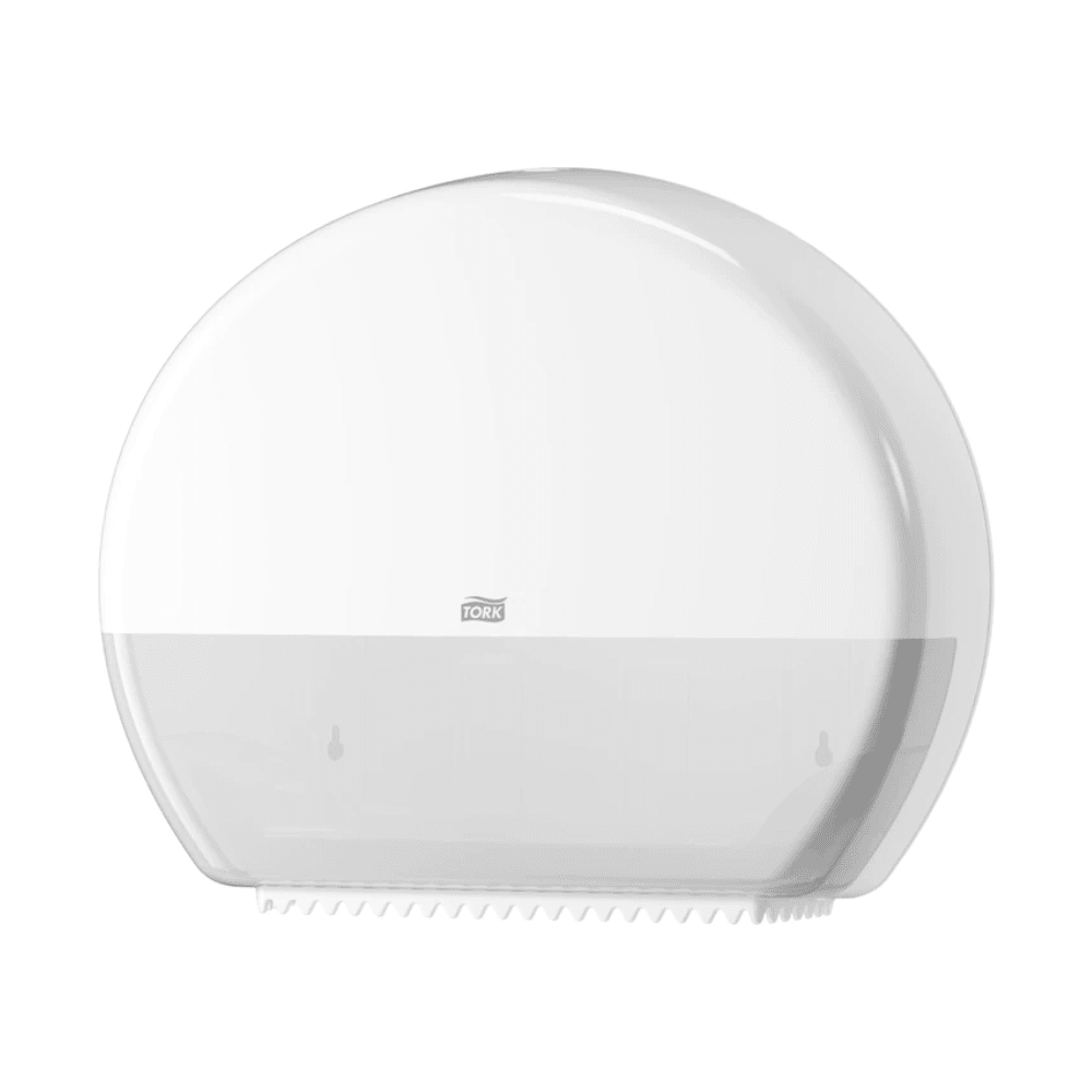 The Tork 554000 dispenser for jumbo toilet paper Elevation T1, manufactured by TORK – Essity Professional Hygiene Germany GmbH, is a wall-mounted white toilet paper dispenser with a translucent cover, perfect for high-traffic washrooms. It features a circular design with a curved top and a serrated edge at the bottom that accommodates jumbo toilet paper rolls while providing a view of the interior.