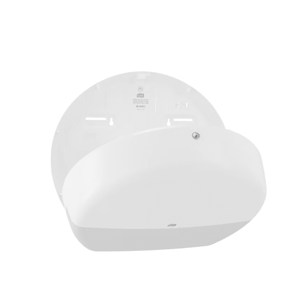 The Tork 554000 dispenser for jumbo toilet paper Elevation T1, designed for washrooms with high visitor frequency, is a white, wall-mounted dispenser with a rounded cover. The dispenser is shown open to reveal its interior compartment, which has notches and holes for easy installation. It is an excellent choice for the efficient handling of jumbo toilet paper.