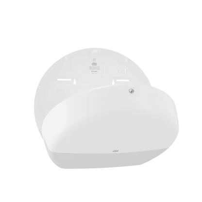 The Tork 554000 dispenser for jumbo toilet paper Elevation T1, designed for washrooms with high visitor frequency, is a white, wall-mounted dispenser with a rounded cover. The dispenser is shown open to reveal its interior compartment, which has notches and holes for easy installation. It is an excellent choice for the efficient handling of jumbo toilet paper.