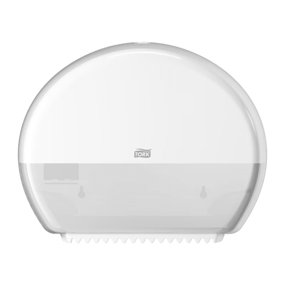 The Tork 555000 dispenser for Mini Jumbo Toilet Paper Elevation T2, manufactured by Essity Professional Hygiene Germany GmbH under the TORK brand, is a stylish, wall-mounted toilet paper dispenser in white with a transparent lower half. Its sleek semicircular design clearly displays the 'Tork' logo and is designed to effortlessly accommodate Mini Jumbo toilet paper.