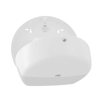The Tork 555000 dispenser for Mini Jumbo Toilet Paper Elevation T2 from TORK - Essity Professional Hygiene Germany GmbH features a sleek, curved Elevation design with a key lock on the front. It has screw holes for easy installation and displays a logo on the front that complements your space with modern elegance.