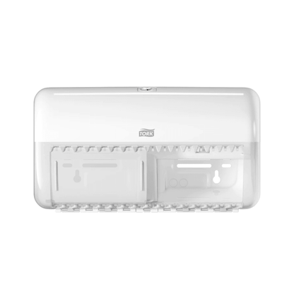 The Tork 557000 dispenser for small roll toilet paper Elevation T4 from TORK – Essity Professional Hygiene Germany GmbH presents an elevation design with a transparent cover, ideal for wall mounting. This white dispenser is presented empty, highlighting its internal structure and the secure locking mechanism at the top.