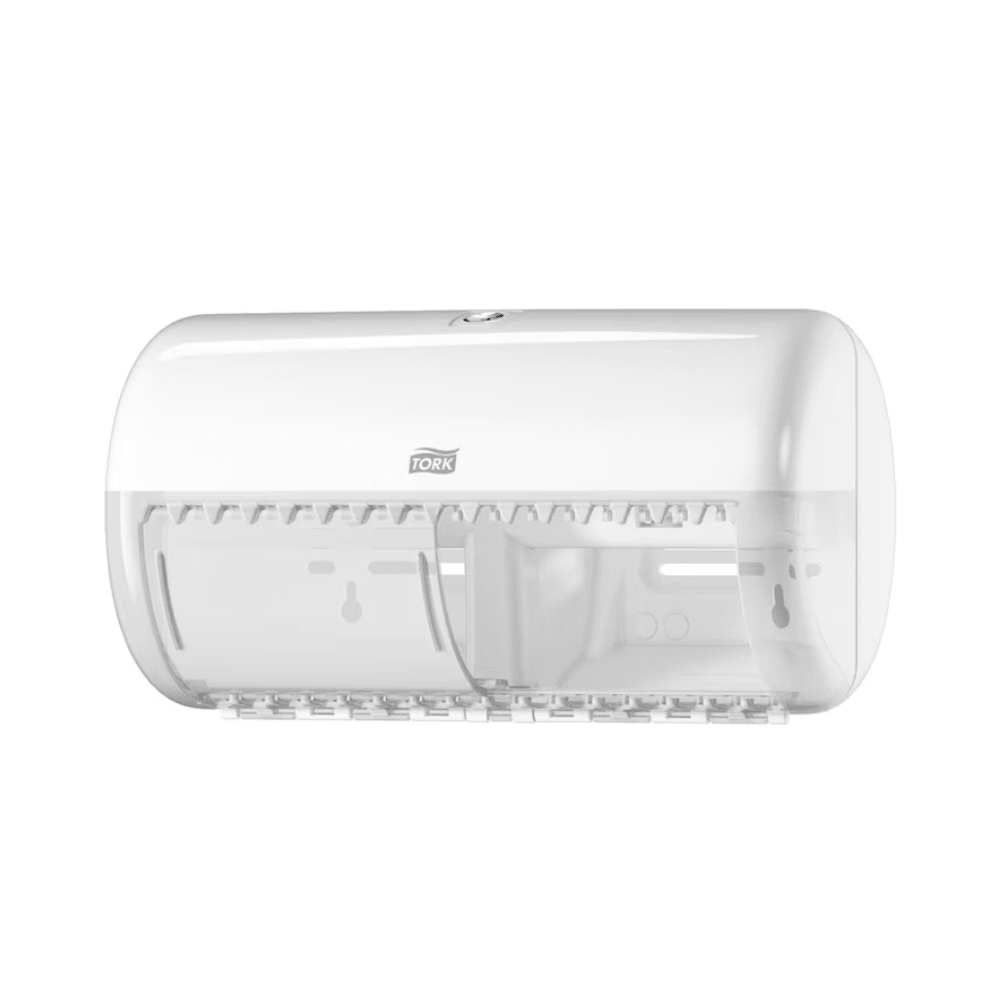 The Tork 557000 dispenser for small roll toilet paper Elevation T4 from TORK – Essity Professional Hygiene Germany GmbH is a white wall-mounted dispenser with an elevation design and transparent cover for good visibility of the contents. It is ideal for toilets or communal spaces, ensuring convenient access to paper towels and complements rooms with its sleek and modern aesthetics.