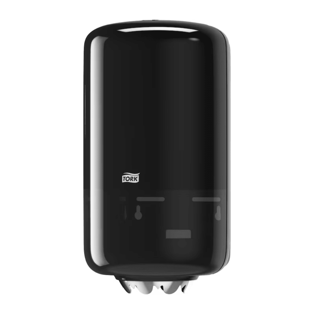 The Tork 558008 Mini Centerfeed Dispenser Elevation M1, manufactured by Essity Professional Hygiene Germany GmbH, is a wall-mounted black paper towel dispenser with a glossy surface and a small viewing window for convenient paper level checking, thus ensuring better hygiene.