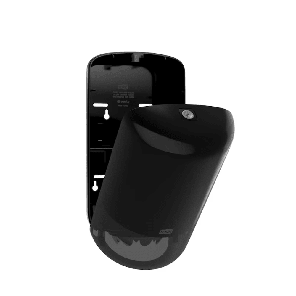 The Tork 558008 Mini Centerfeed Dispenser from Elevation Design by TORK – Essity Professional Hygiene Germany GmbH is attached to a glossy black bracket. This motion sensor in elegant black features a dome-shaped bottom and a small round component near the top. The bracket is equipped with multiple slots and holes to offer versatile installation options.