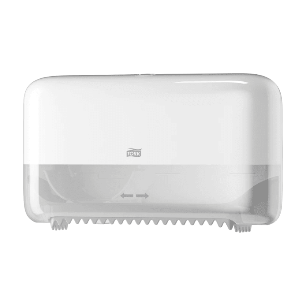 The Tork 558040 wall-mounted paper towel dispenser, offered by TORK – Essity Professional Hygiene Germany GmbH, is a white eco-friendly double roll dispenser with a transparent lower part. It has a small logo on the front and a serrated edge at the bottom for easy tearing of coreless Midi toilet paper Elevation T7.