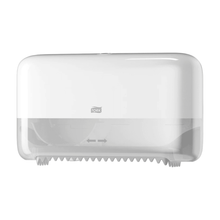 The Tork 558040 wall-mounted paper towel dispenser, offered by TORK – Essity Professional Hygiene Germany GmbH, is a white eco-friendly double roll dispenser with a transparent lower part. It has a small logo on the front and a serrated edge at the bottom for easy tearing of coreless Midi toilet paper Elevation T7.
