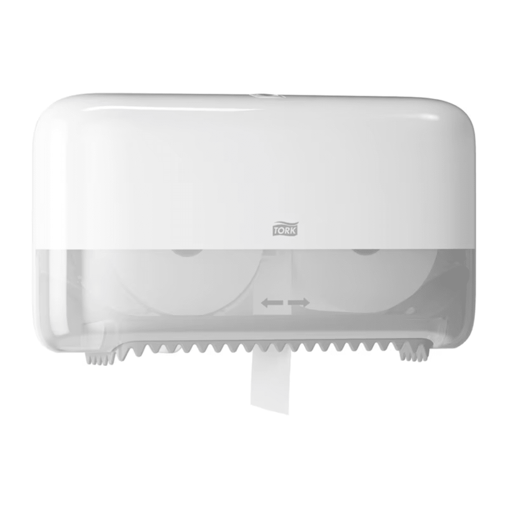 The Tork 558040 double roll dispenser for coreless Midi toilet paper Elevation T7 from TORK - Essity Professional Hygiene Germany GmbH features a white design with a translucent lower part that releases two rolls of Midi toilet paper inside. The dispenser is equipped with a serrated edge at the bottom for easy tearing and highlights the eco-friendly aspect of your bathroom.