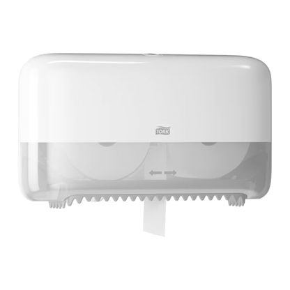 The Tork 558040 double roll dispenser for coreless Midi toilet paper Elevation T7 from TORK - Essity Professional Hygiene Germany GmbH features a white design with a translucent lower part that releases two rolls of Midi toilet paper inside. The dispenser is equipped with a serrated edge at the bottom for easy tearing and highlights the eco-friendly aspect of your bathroom.