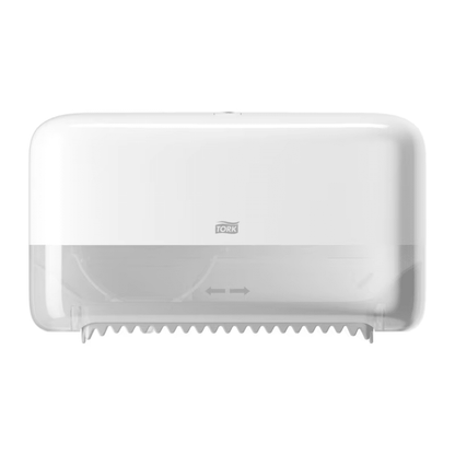 The Tork 558040 double roll dispenser for coreless Midi toilet paper Elevation T7 from Essity Professional Hygiene Germany GmbH is a white wall-mounted dispenser with a transparent lower part for easy roll monitoring. It features a serrated edge for gentle tearing of the paper and prominently displays the Tork logo, emphasizing its eco-friendly design.