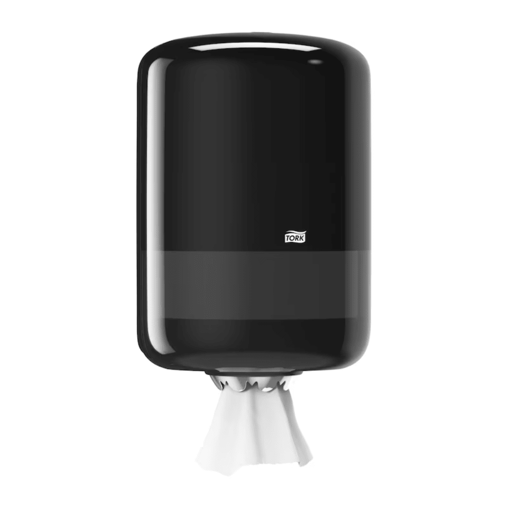 The Tork 559008 Elevation M2 internal roll dispenser from TORK – Essity Professional Hygiene Germany GmbH is characterized by a sleek, cylindrical design in black. A small section of white paper towels elegantly protrudes from the bottom, capturing the essence of the sophistication of the Elevation design.