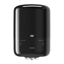 The Tork 559008 Elevation M2 internal roll dispenser from Essity Professional Hygiene Germany GmbH is an elegant, wall-mounted paper towel dispenser. It features a glossy design with a transparent front cover for easy monitoring of the towel level and a lower opening for dispensing, combining style with high capacity.