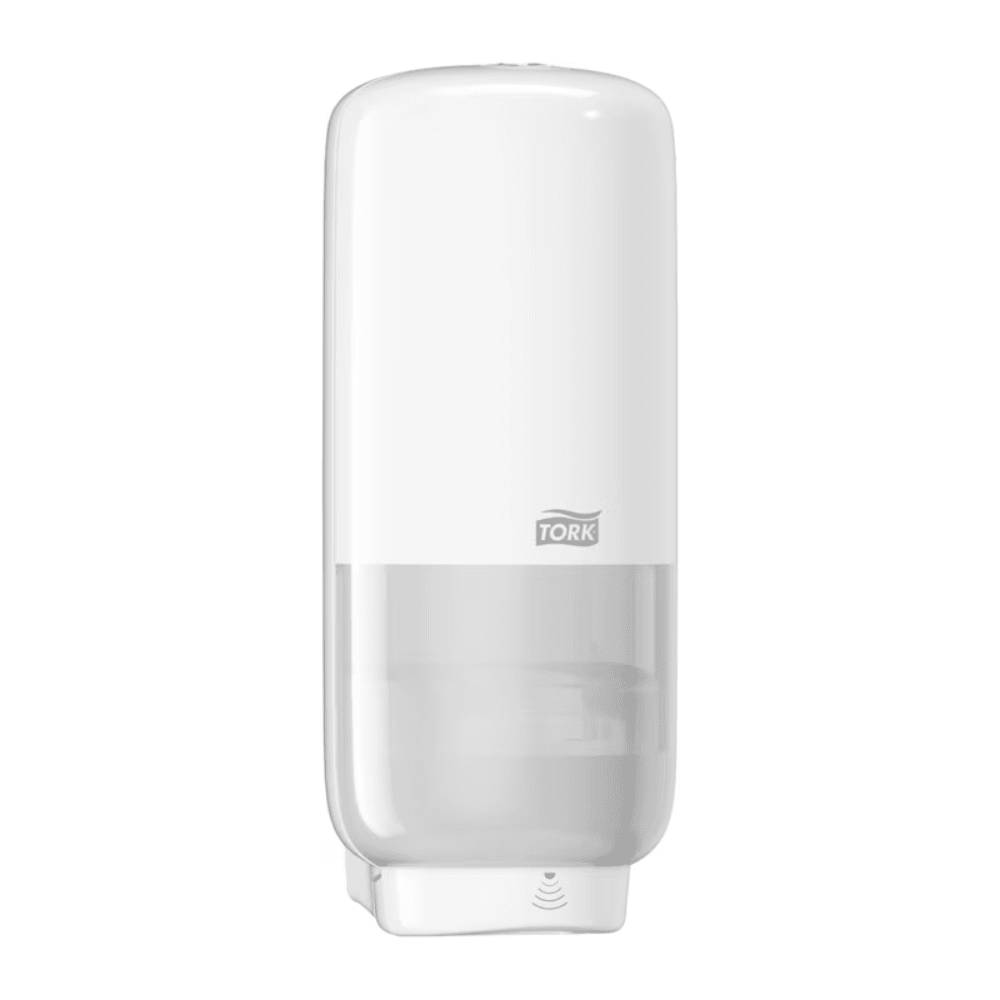 The Tork 561600 Skincare Dispenser with Intuition Sensor Elevation S4 is a white, wall-mounted hand sanitizer dispenser with a transparent section for displaying the sanitizer level. It features the state-of-the-art Intuition Sensor for touchless dispensing. The brand name "TORK" is prominently displayed on the front, guaranteeing reliable hygiene maintenance. Presented by Essity Professional Hygiene Germany GmbH.