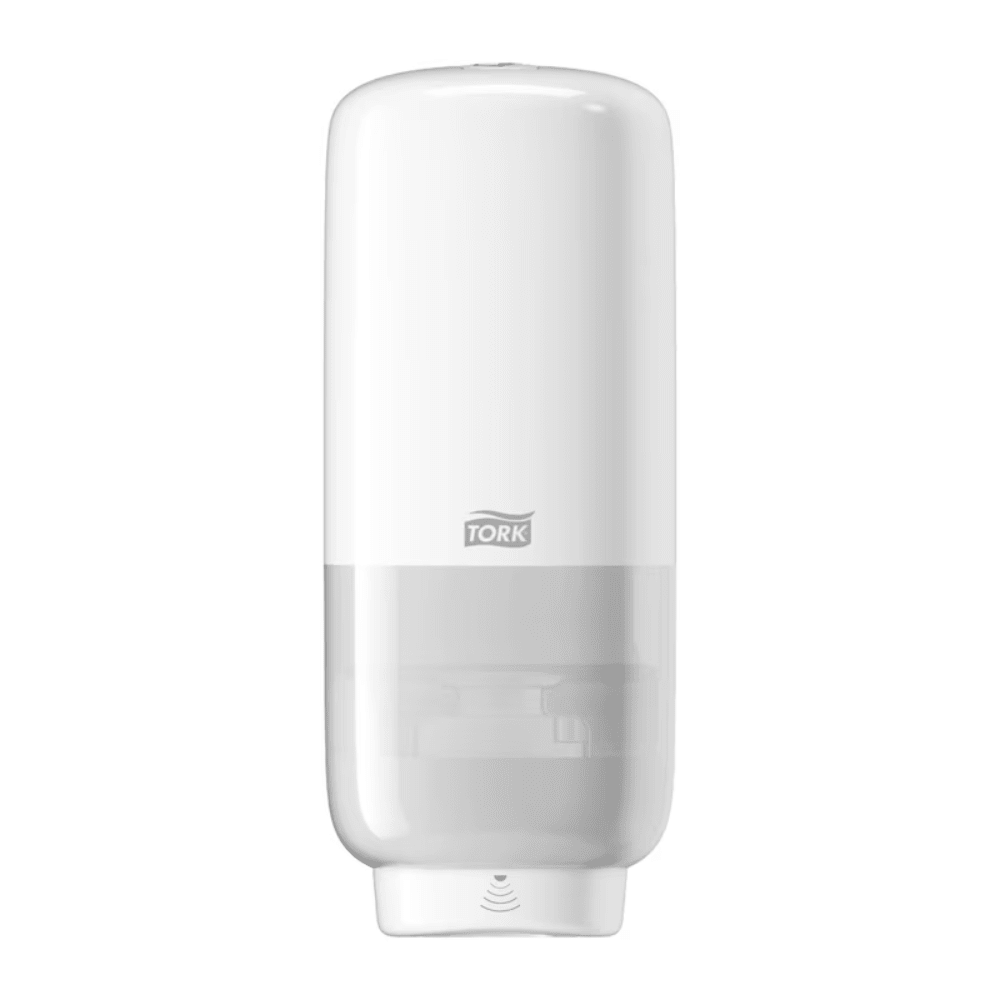 The Tork 561600 Skincare Dispenser with Intuition Sensor Elevation S4 by Essity Professional Hygiene Germany GmbH is presented against a simple background. This white, touchless dispenser features a transparent lower part, a sleek, elongated design, and the Tork logo on the front, effortlessly enhancing hygiene.