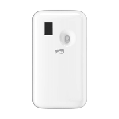 A white, wall-mounted air freshener dispenser with the brand 'Tork' from Essity Professional Hygiene Germany GmbH features a small rectangular sensor, rounded corners, and uses an aerosol system for effective fragrance distribution.