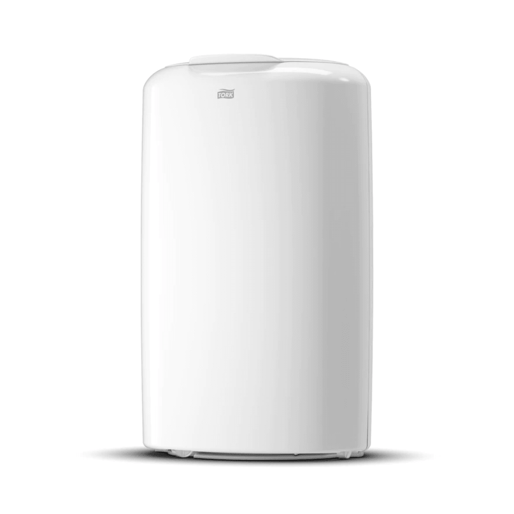 A white, minimalist Waste Bin Elevation Tork 563000 with a sleek design that offers flexible mounting options for modern spaces. The unit features a small logo on the top and is designed to stand on flat surfaces. Its smooth exterior and curved top contribute to an upscale design that complements modern environments.