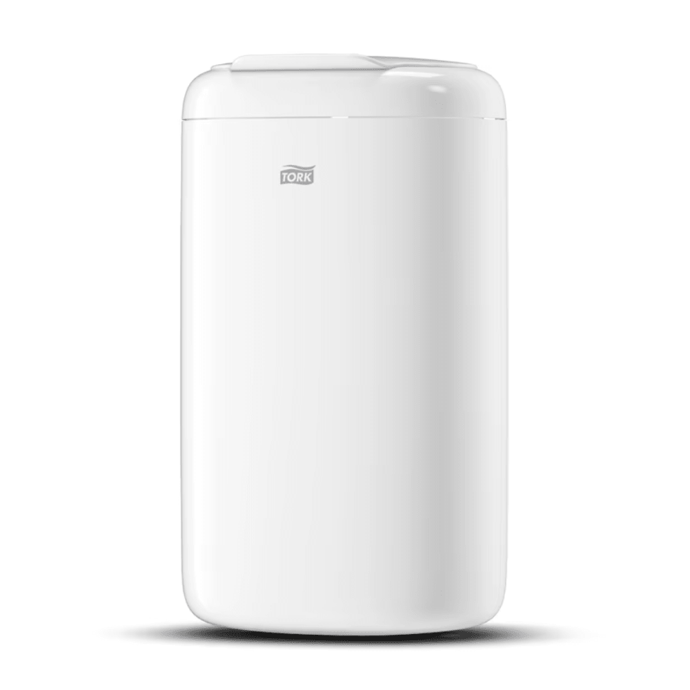 Image of a tall, white, cylindrical waste bin with a lid. The Tork 564000 Mini Waste Bin Elevation 5 Liter B3 from Essity Professional Hygiene Germany GmbH clearly shows the “Tork” logo on the front. Its Elevation design and smooth surface give this hygienic waste bin a modern and elegant appearance.