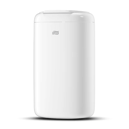 Image of a tall, white, cylindrical waste bin with a lid. The Tork 564000 Mini Waste Bin Elevation 5 Liter B3 from Essity Professional Hygiene Germany GmbH clearly shows the “Tork” logo on the front. Its Elevation design and smooth surface give this hygienic waste bin a modern and elegant appearance.