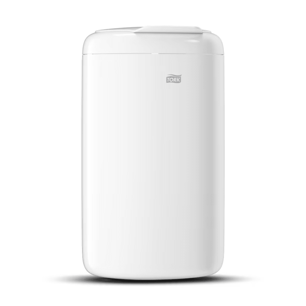 This Tork 564000 Mini Waste Bin Elevation 5 Liter B3 from Essity Professional Hygiene Germany GmbH is a white, cylindrical waste bin with the Tork logo on the front. It offers a sleek and clean design that enhances any room with its hygienic waste disposal features and seems to be made of durable plastic.