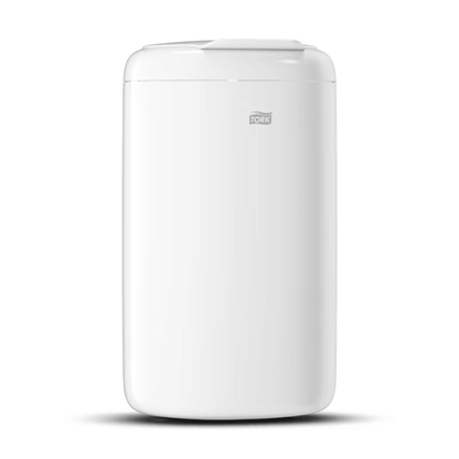 This Tork 564000 Mini Waste Bin Elevation 5 Liter B3 from Essity Professional Hygiene Germany GmbH is a white, cylindrical waste bin with the Tork logo on the front. It offers a sleek and clean design that enhances any room with its hygienic waste disposal features and seems to be made of durable plastic.