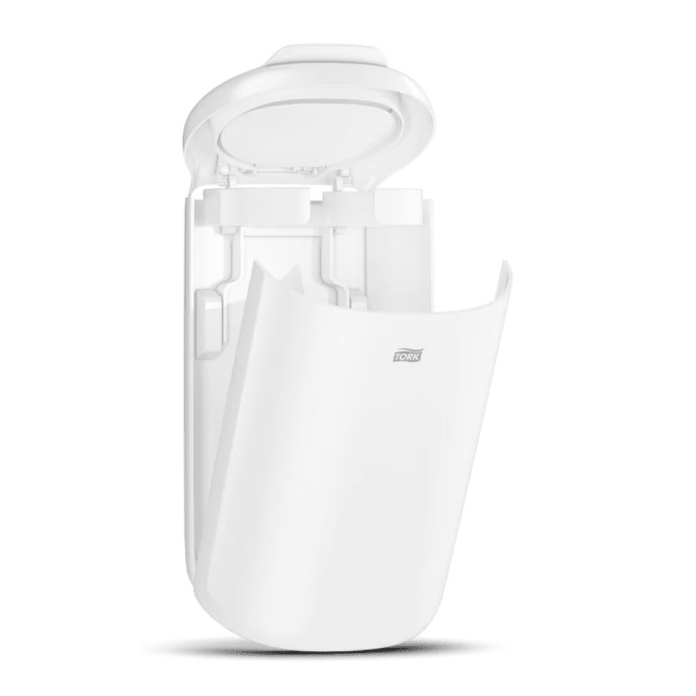 A small, white, wall-mounted automatic air freshener dispenser in the Elevation style with a curved front panel that is partially open to reveal the refill compartment.