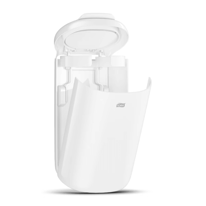 A small, white, wall-mounted automatic air freshener dispenser in the Elevation style with a curved front panel that is partially open to reveal the refill compartment.
