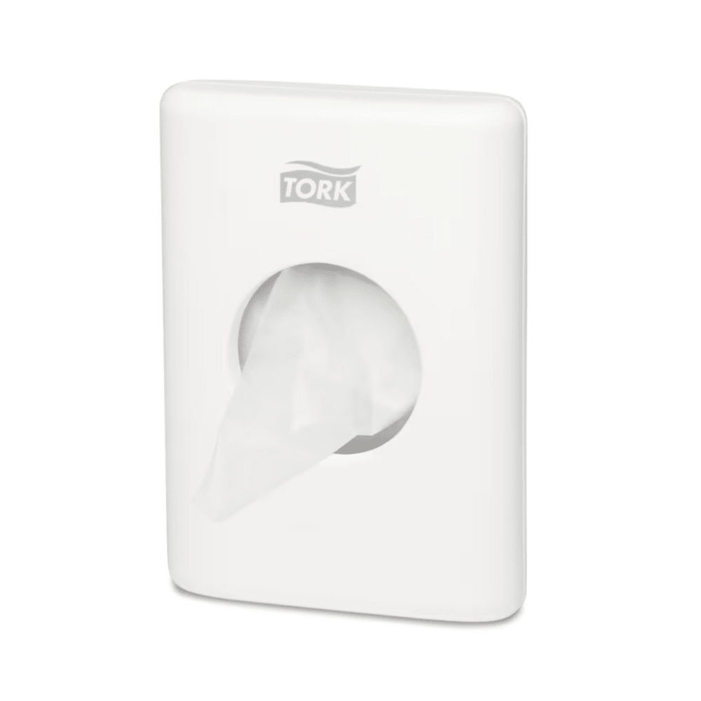 A Tork 566000 hygiene bag dispenser Elevation B5, designed for wall mounting, elegantly presents the brand 'TORK - Essity Professional Hygiene Germany GmbH' at the top. A bag is partially pulled out from the central opening, enhancing both comfort and style in your space.