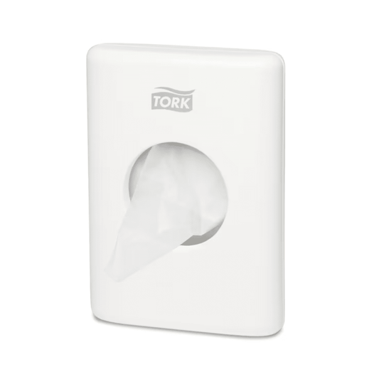 A Tork 566000 Elevation B5 hygiene bag dispenser, designed for wall mounting, elegantly displays the “TORK – Essity Professional Hygiene Germany GmbH” brand name on the top. A bag is partially pulled out through the central opening, adding both convenience and style to your space.