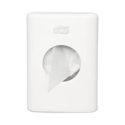 The Tork 566000 Elevation B5 Sanitary Towel Dispenser from Essity Professional Hygiene Germany GmbH combines style and functionality with its white, rectangular design and round opening, offering an elegant yet practical addition that dispenses a fresh, white towel and enhances the elegance of any bathroom.