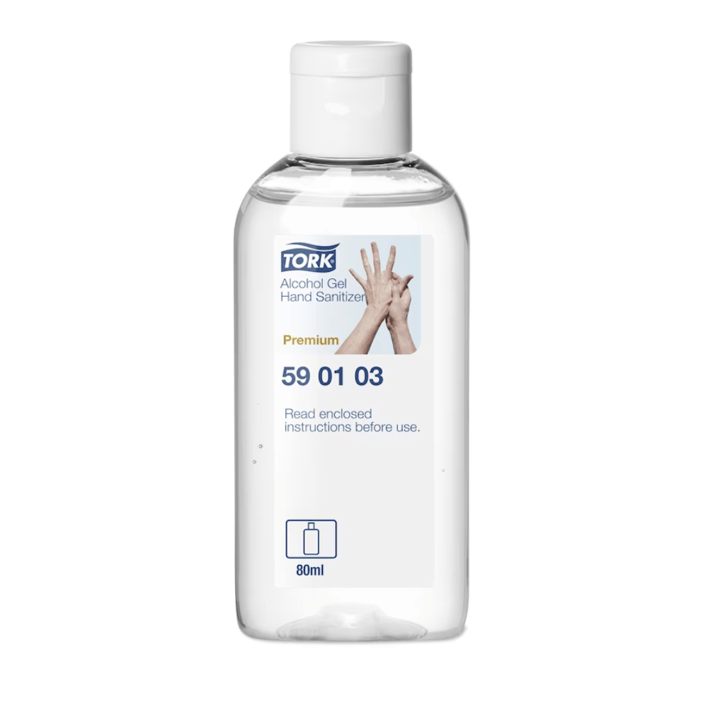 The Tork 590103 hand sanitizer gel premium bottle is made of clear plastic and has a white flip cap. The label includes the term "hand sanitizer gel," an image of hands, and states that it contains 80 ml with 80% alcohol. Instructions for surgical hand disinfection are included as a reference before use. The product is part of TORK by Essity Professional Hygiene Germany GmbH.