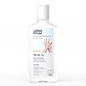 A 100 ml bottle of Tork 590214 Extra Disinfecting Hand Alcohol Liquid has a label that highlights hands and prominently displays ingredients like ethanol. The TORK logo is clearly visible, and a recycling symbol is subtly located at the bottom.