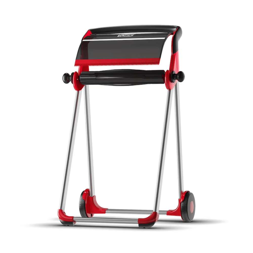 The Tork 652008 roll dispenser floor stand Performance W1 from TORK - Essity Professional Hygiene Germany GmbH is a foldable, red-black roll stand with wheels, perfect for holding and rolling gift wrap. This mobile dispenser features a compact design with a serrated edge for convenient cutting and offers elegant performance.