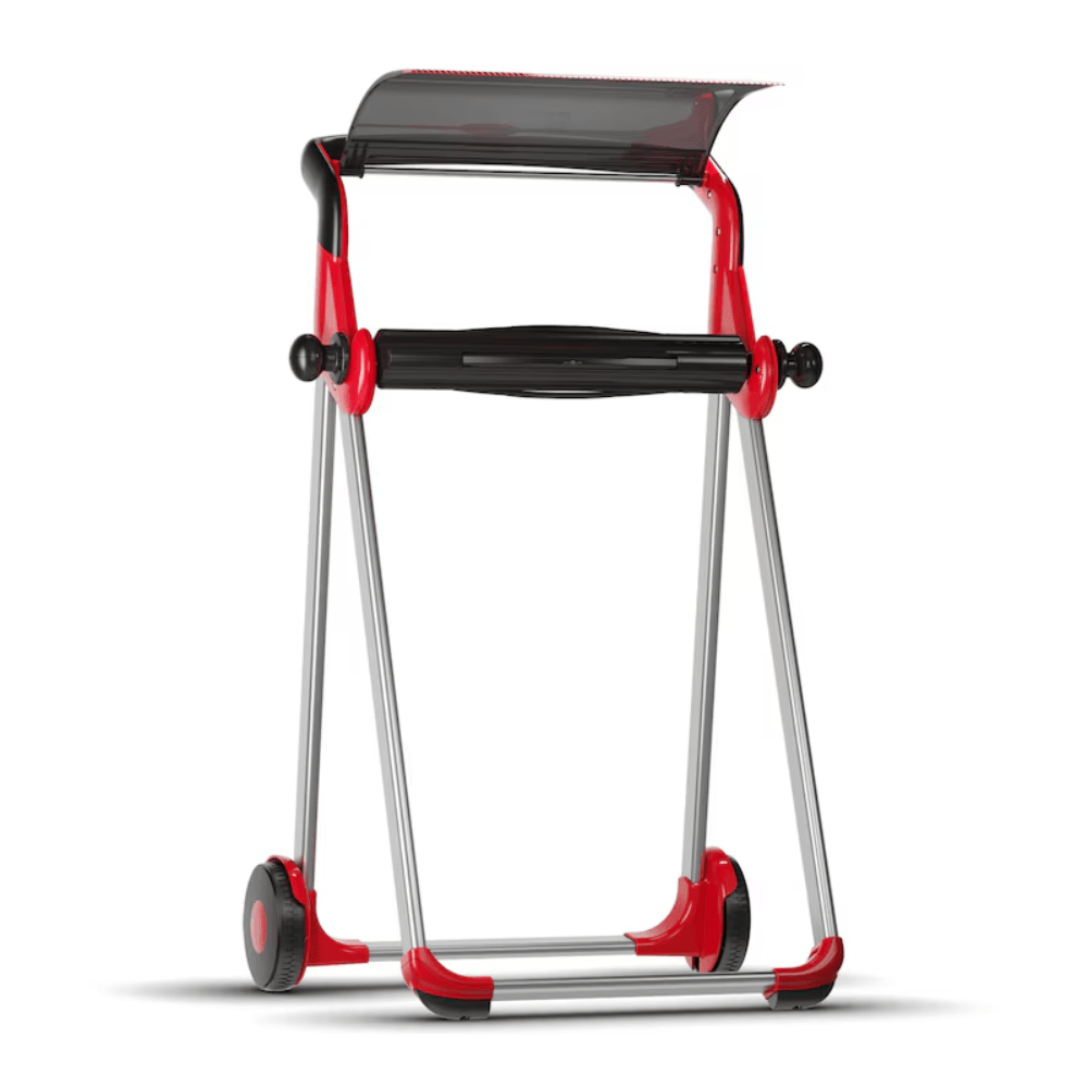 The Tork 652008 roll dispenser floor stand Performance W1 from TORK – Essity Professional Hygiene Germany GmbH impresses with its performance design with its red-black frame. Equipped with two wheels for easy maneuverability and a practical handle at the top, this mobile roll dispenser is both compact and portable, making it ideal for on the go.