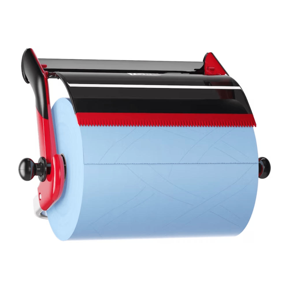 The Tork 652108 roll dispenser wall mount Performance W1 from Essity Professional Hygiene Germany GmbH features a manual roll design in red with a large blue sheet. It has an operating handle and a serrated edge for easy tearing of the paper. It emphasizes practical elegance and performance and stands out against a white background.