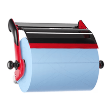 The Tork 652108 roll dispenser wall mount Performance W1 from Essity Professional Hygiene Germany GmbH features a manual roll design in red with a large blue sheet. It has an operating handle and a serrated edge for easy tearing of the paper. It emphasizes practical elegance and performance and stands out against a white background.