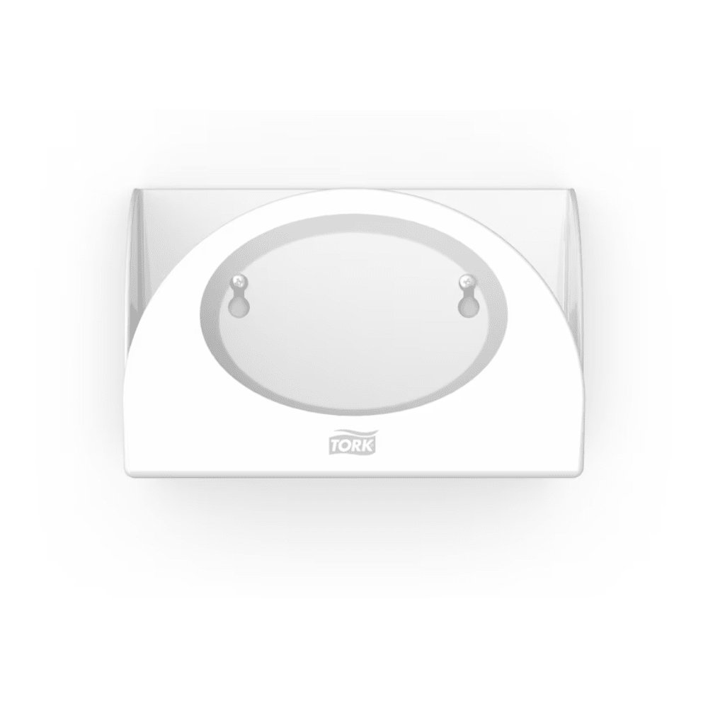 The Tork 655100 Small Pack Paper Dispenser Performance W8 by TORK – Essity Professional Hygiene Germany GmbH is a white, minimalist paper towel dispenser with a semi-circular opening and two visible round closures that provide hygienic protection. Its sleek design allows for space-saving wall mounting, making it ideal for modern spaces.