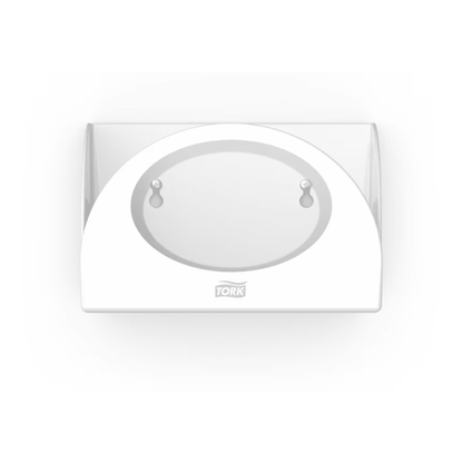 The Tork 655100 Small Pack Paper Dispenser Performance W8 by TORK – Essity Professional Hygiene Germany GmbH is a white, minimalist paper towel dispenser with a semi-circular opening and two visible round closures that provide hygienic protection. Its sleek design allows for space-saving wall mounting, making it ideal for modern spaces.