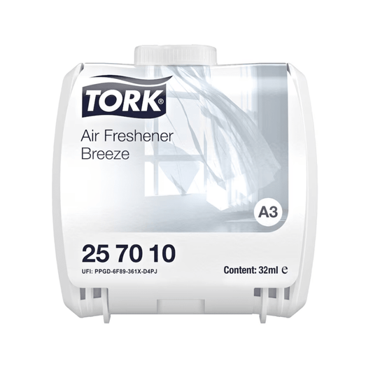 The Tork Continuous Air Freshener from TORK – Essity Professional Hygiene Germany GmbH, labeled as "Air Freshener Breeze" with the code "25 70 10", features a fill level indicator and is packaged showing a white curtain gently blowing in the wind, containing 32 ml of product.