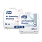 Displayed are two Tork Continuous Air Freshener dispensers from TORK – Essity Professional Hygiene Germany GmbH. One of the dispensers, called "Blossom", shows floral motifs, while the other, "Breeze", features a serene window scene. Both have a capacity of 32 ml and are equipped with product codes; one shows "25 70 13" and the other "A3".