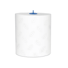 A large, white Tork Matic® 290016 soft roll towel Premium H1 2-ply with a subtle leaf pattern and a blue plastic dispenser cap in the center, designed for use in commercial or industrial dispensers. The TORK Premium H1 2-ply roll stands upright against a plain background.