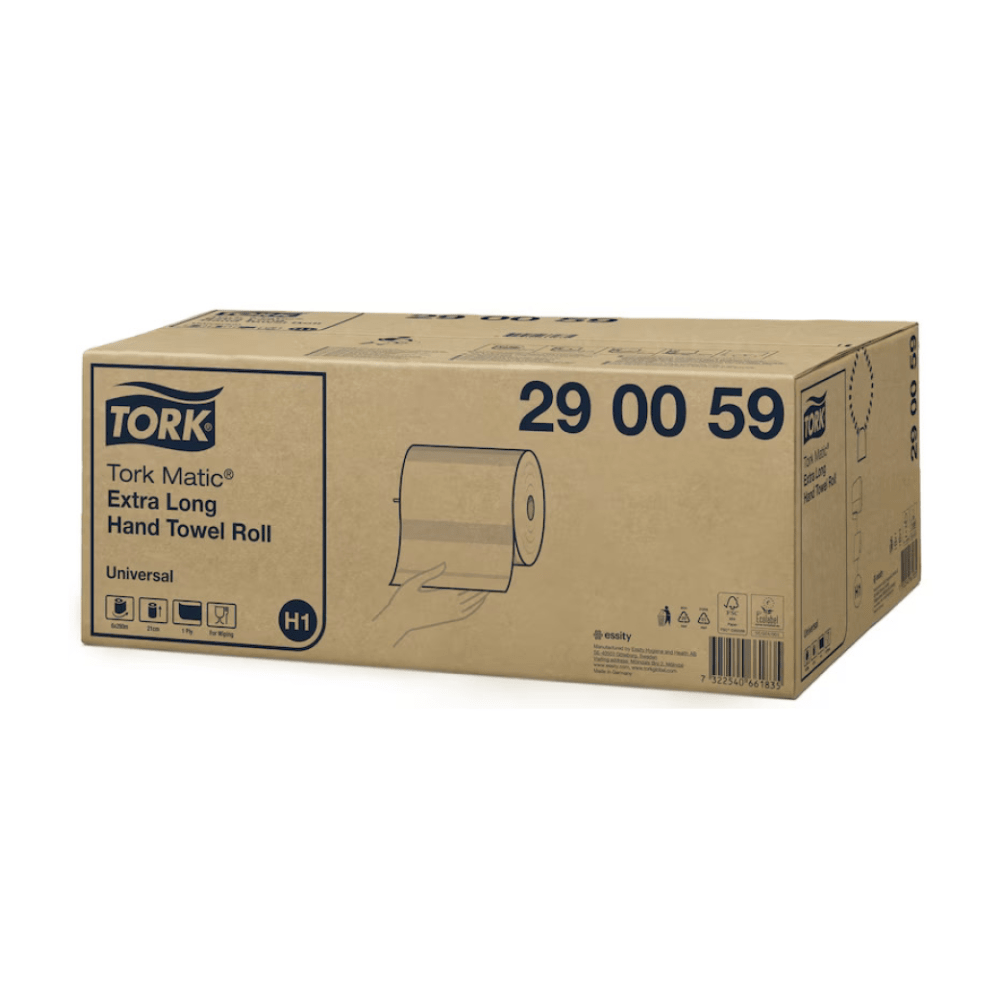 On a box labeled "Tork Matic® 290059 extra-long roll towel Universal H1 1-ply," a hand is depicted holding an extra-long towel roll. The box, manufactured by TORK – Essity Professional Hygiene Germany GmbH, contains various shipping and handling symbols and includes six rolls.
