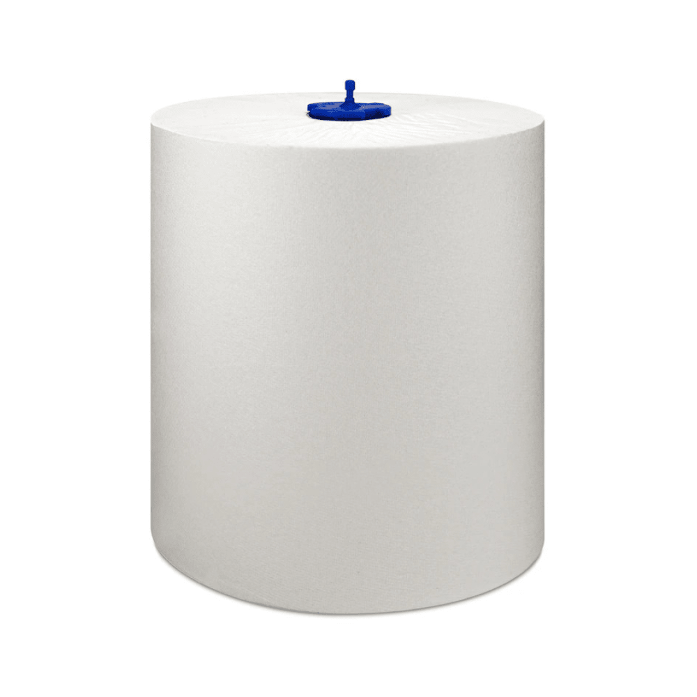 A large, cylindrical roll of white paper towel with a blue center spool stands upright against a plain white background. The Tork Matic® 290059 extra-long roll towel Universal H1 1-ply by TORK – Essity Professional Hygiene Germany GmbH fits perfectly in any environment and offers exceptional quality and comfort.