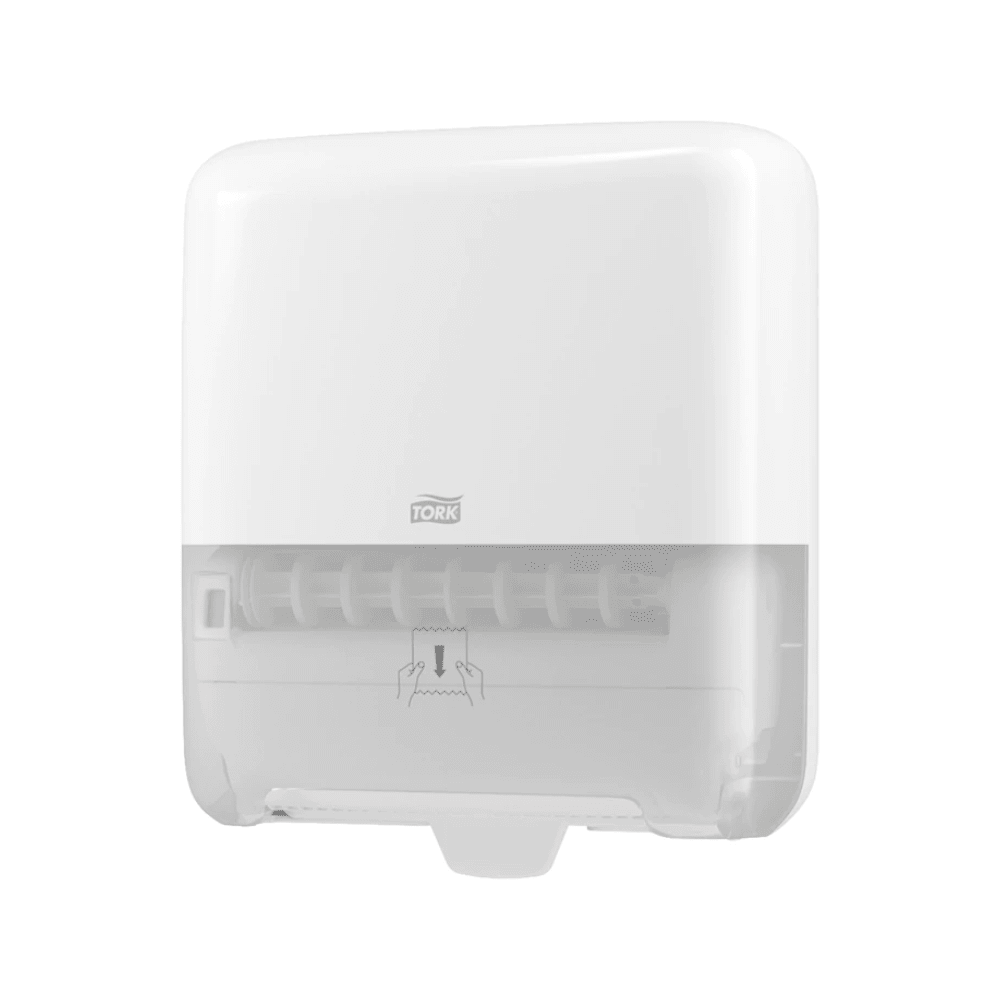 We present the Tork Matic® 551000 dispenser for roll towels Elevation H1 from TORK, Essity Professional Hygiene Germany GmbH. This white, wall-mounted paper towel dispenser features a transparent lower section for easy monitoring of the fill level. It has a paper feed mechanism and a hand symbol to assist users in pulling out individual sheets from the roll towels.